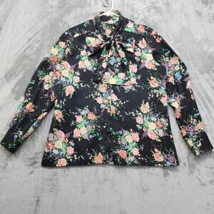 Vintage 60s Ship 'N Shore Top Womens 16 Black Floral Tie Neck Button Up‎ Office
